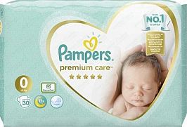 Пелени Pampers Premium care № 0 до 3 кг. 30 бр.